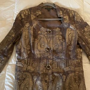 Lafayette 148 Linen Jacket Size 8 Paisley Damask Pale Gold Taupe Workwear Office